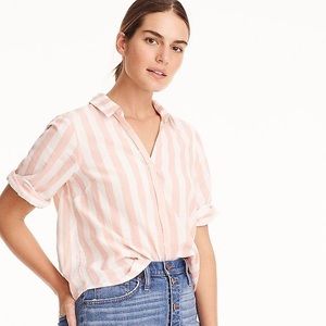 J.CREW Linen Mid Sleeve Pink/White Striped Tie Top